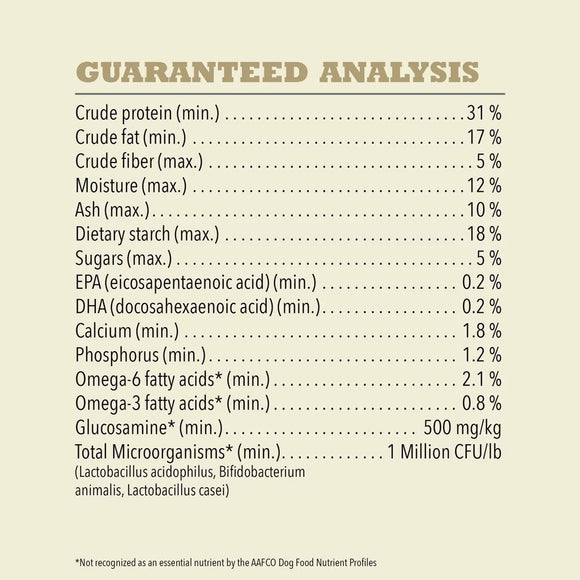Guaranteed analysis chart for a pet food product on a beige background