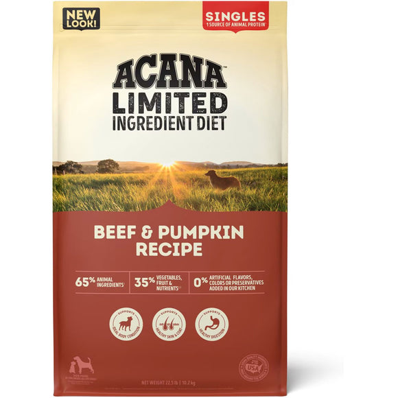 Acana Limited Ingredient Diet dog food package with a field and sunset background