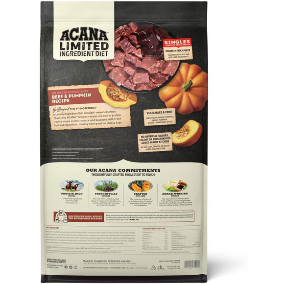 Acana Limited Ingredient Diet dog food package with beef and pumpkin ingredients on a white background