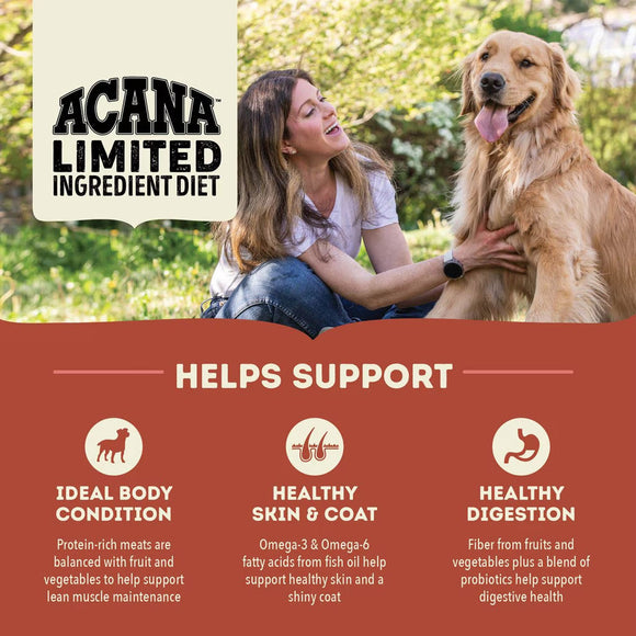 Woman petting a dog with Acana Limited Ingredient Diet text overlay