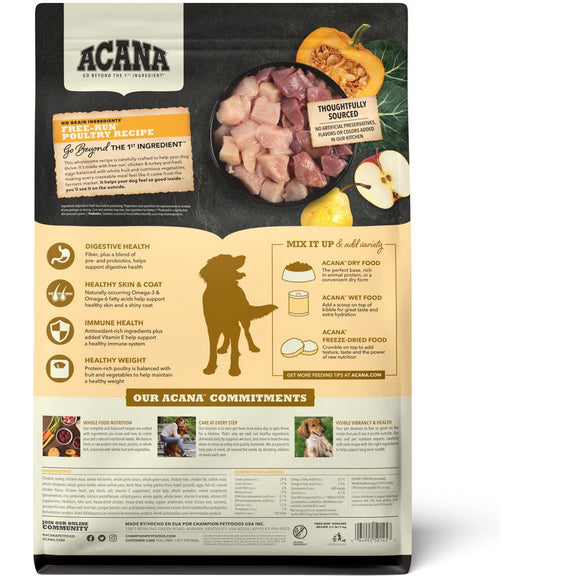 Acana pet food package with ingredients and health benefits on a white background