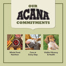 Acana pet food brand commitments with images of food, a person with a dog, and a dog with a cat on a green background.