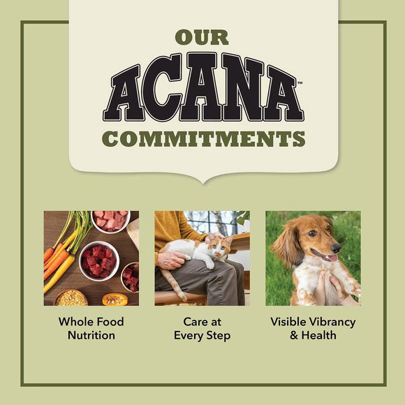 Acana pet food brand commitments with images of food, a person with a dog, and a dog with a cat on a green background.