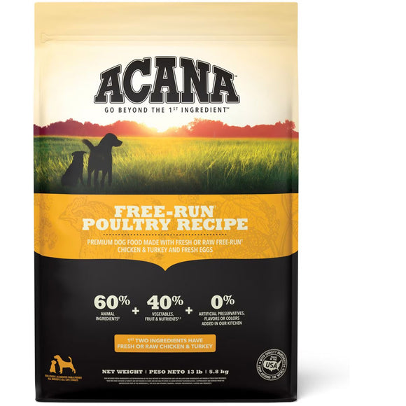 Acana Free-Run Poultry Recipe dog food packaging with a scenic design on a white background