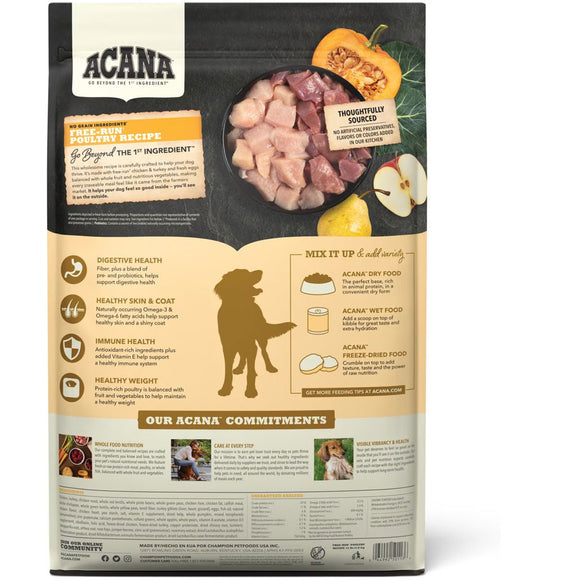 Back view of an Acana pet food package with ingredients and branding details.