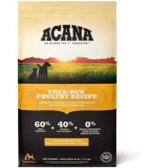 Acana dog food package with a scenic design on a beige background
