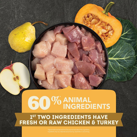 Raw chicken pieces in a bowl with vegetables on a dark background, highlighting animal ingredients.