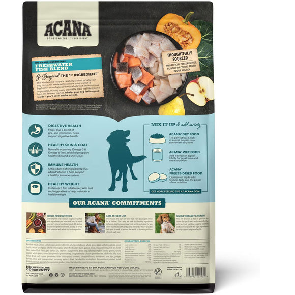 Back view of an Acana pet food package with text and images on a white background