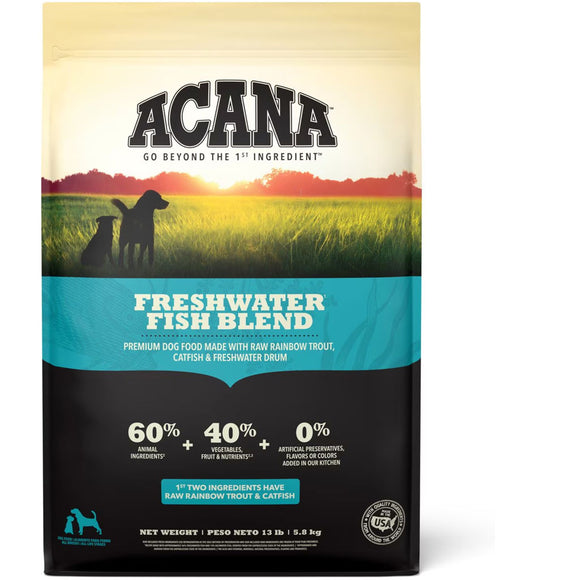 Acana Freshwater Fish Blend dog food package with sunset and dogs silhouette on the label.