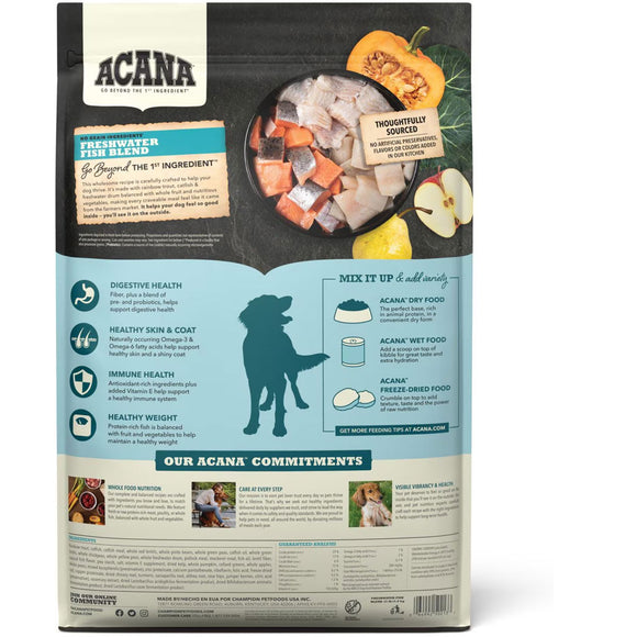 Acana pet food packaging with text and images on a white background