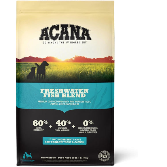 Acana Freshwater Fish Blend dog food package with scenic design on a white background