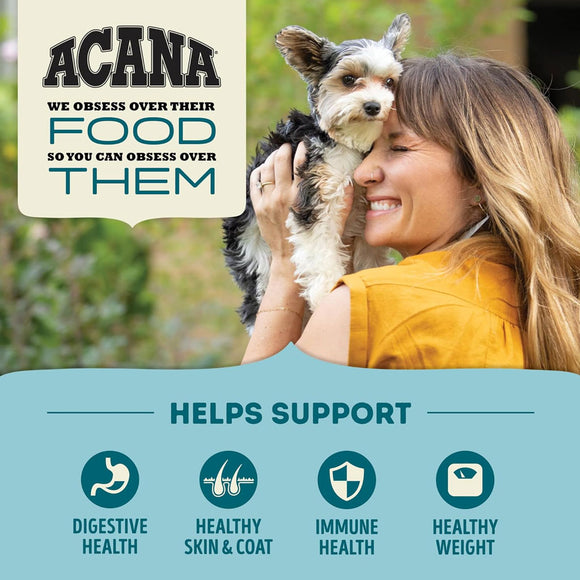 Woman holding a dog with Acana pet food advertisement text and benefits listed.