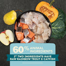 Dish of fish and vegetables with a pumpkin and pear on a dark background, featuring text about ingredient composition.