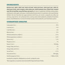 Dog food ingredient list and guaranteed analysis on a beige background