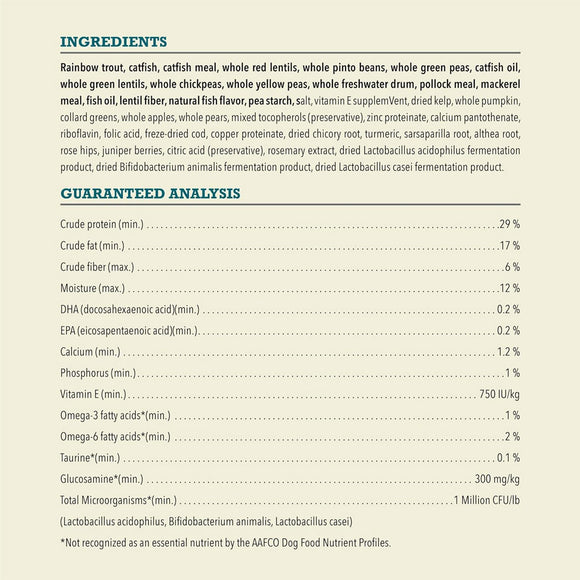 Dog food ingredient list and guaranteed analysis on a beige background
