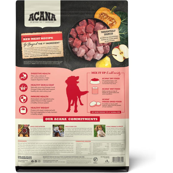 Acana dog food package with text and images on a white background