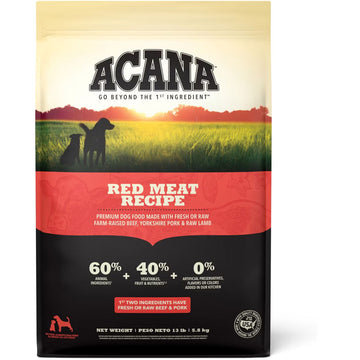 Acana Red Meat Recipe dog food package with a silhouette of a dog and cat in a field.