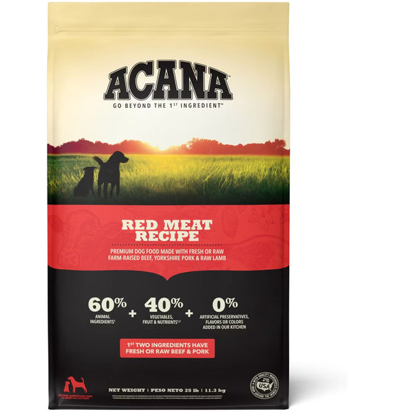 Acana Red Meat Recipe dog food package with a sunset design on the label.