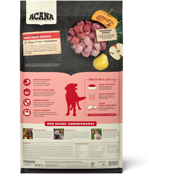 Acana dog food package with text and images on a white background