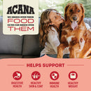 Woman with a dog sitting on a couch, with Acana pet food branding and product benefits displayed.