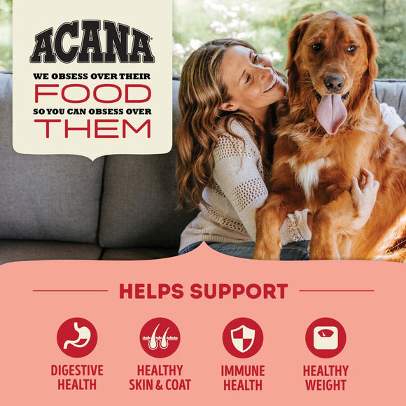 Woman with a dog sitting on a couch, with Acana pet food branding and product benefits displayed.