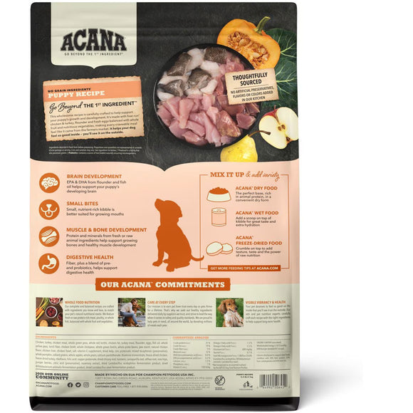 Acana puppy food package with ingredients and benefits listed on a white background