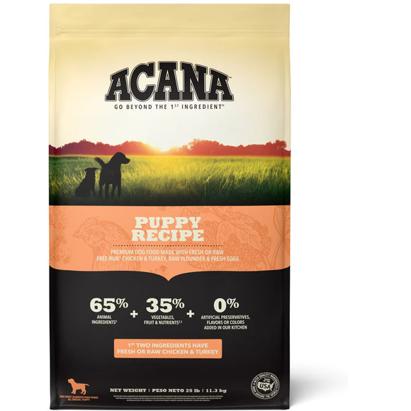 Acana Puppy Recipe dog food package with sunset design on a white background