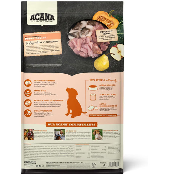 Acana pet food package with ingredients and dog health benefits on a white background