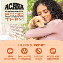 Woman holding a puppy with Acana pet food branding and product benefits listed.