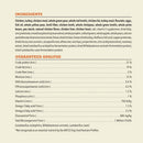 Dog food ingredient list and guaranteed analysis on a beige background