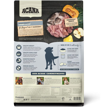 Acana pet food packaging with ingredients and health benefits on a white background