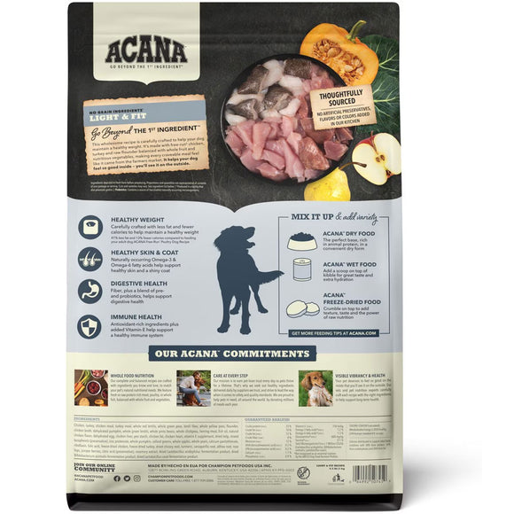 Acana pet food packaging with ingredients and health benefits on a white background