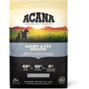 Acana Light & Fit Recipe dog food package with sunset and dogs in a field design.