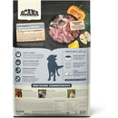 Back view of an Acana pet food package with text and images on a white background