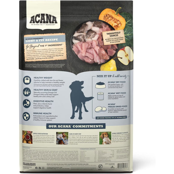 Back view of an Acana pet food package with text and images on a white background