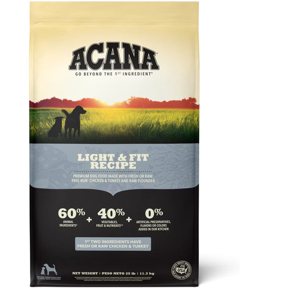 Acana Light & Fit Recipe dog food package with a scenic design on the label.