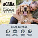 Dog being hugged by a person with Acana pet food advertisement text and benefits listed.