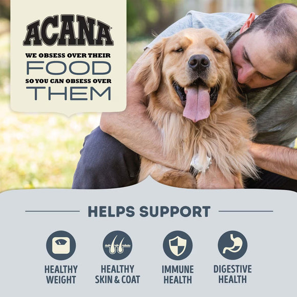Dog being hugged by a person with Acana pet food advertisement text and benefits listed.
