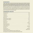 Dog food ingredient list and guaranteed analysis on a beige background