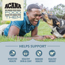 Man lying on grass with a dog, with Acana pet food branding and health benefits listed.