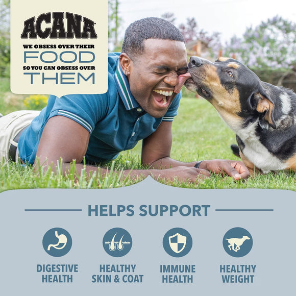 Man lying on grass with a dog, with Acana pet food branding and health benefits listed.