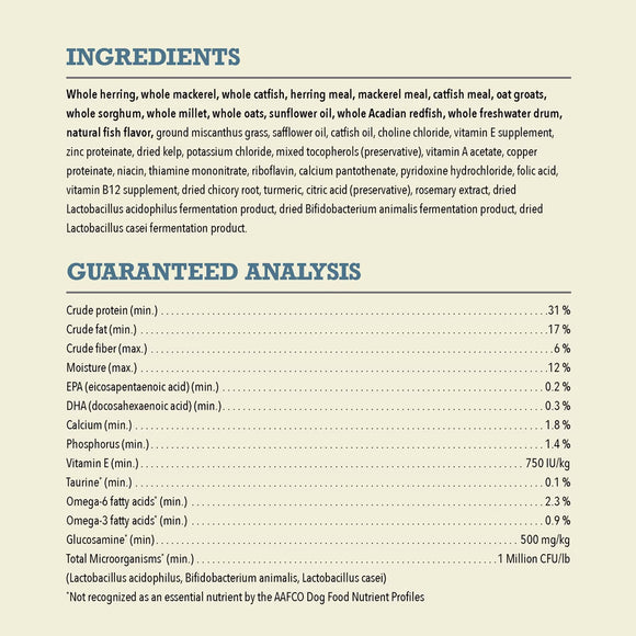 Dog food ingredient list and guaranteed analysis on a white background
