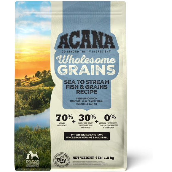 Acana Wholesome Grains dog food package with a scenic background