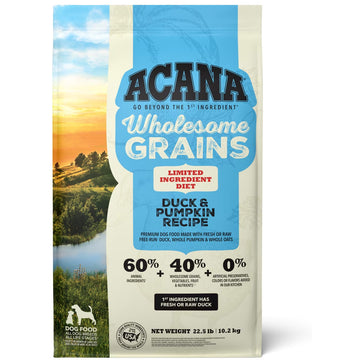 Acana Wholesome Grains Duck & Pumpkin recipe dog food packaging with scenic background