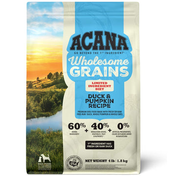 Acana Wholesome Grains Duck & Pumpkin Recipe dog food package with scenic design.