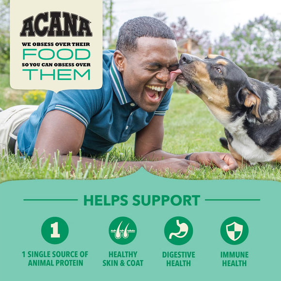 Man lying on grass with a dog licking his face, promoting Acana pet food.