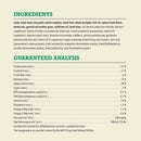 Dog food ingredient list and guaranteed analysis on a green background