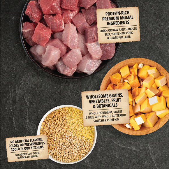  bowls of raw pet food ingredients with labels on a dark surface