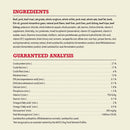 Dog food ingredient list and guaranteed analysis on a beige background