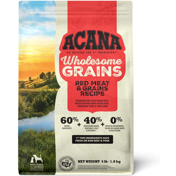 Acana Wholesome Grains dog food package with a scenic background